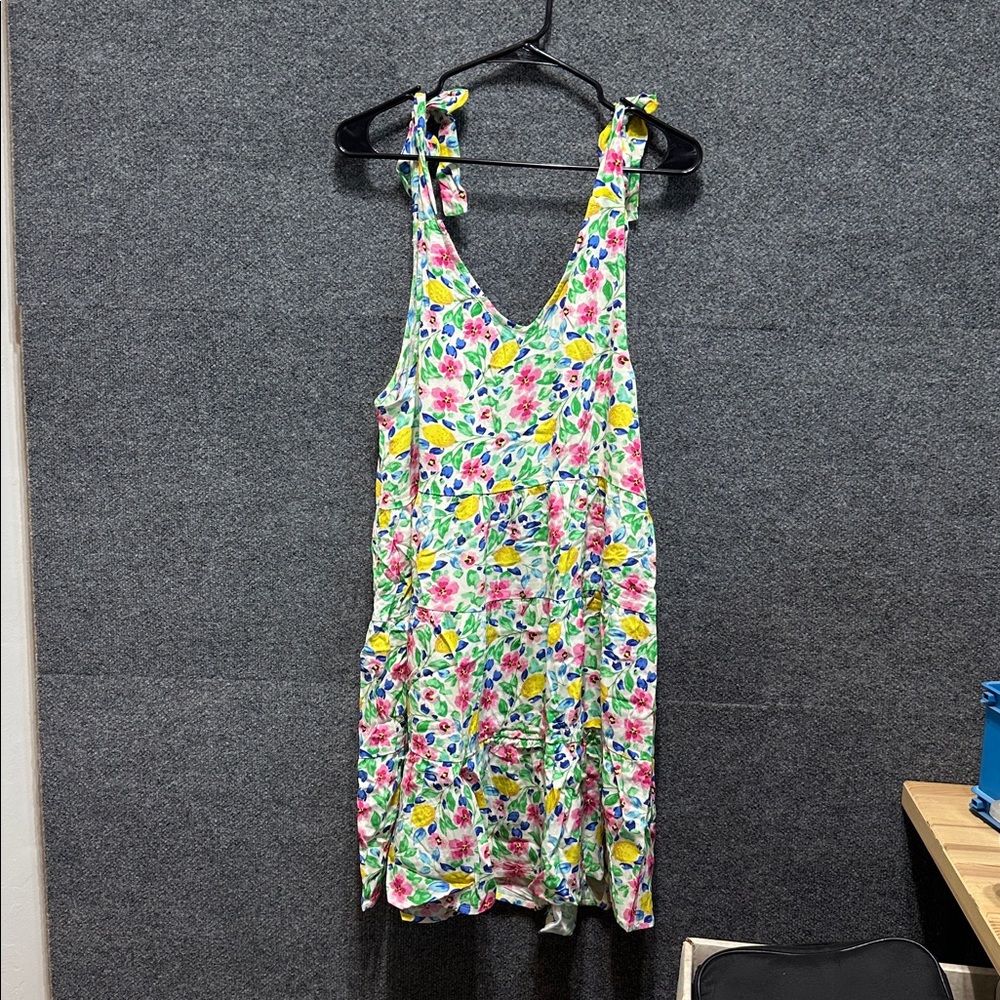 French Grey Floral Shoulder Tie Sundress Medium NWOT | Lemon Floral Summer Dress - Picture 3 of 7